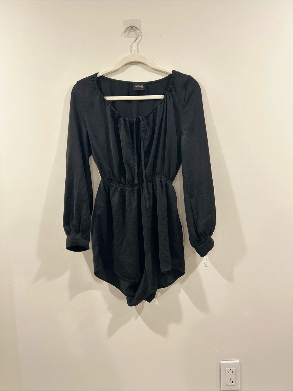 audrey Black Long-Sleeve Adjustable Tie Neck Romper